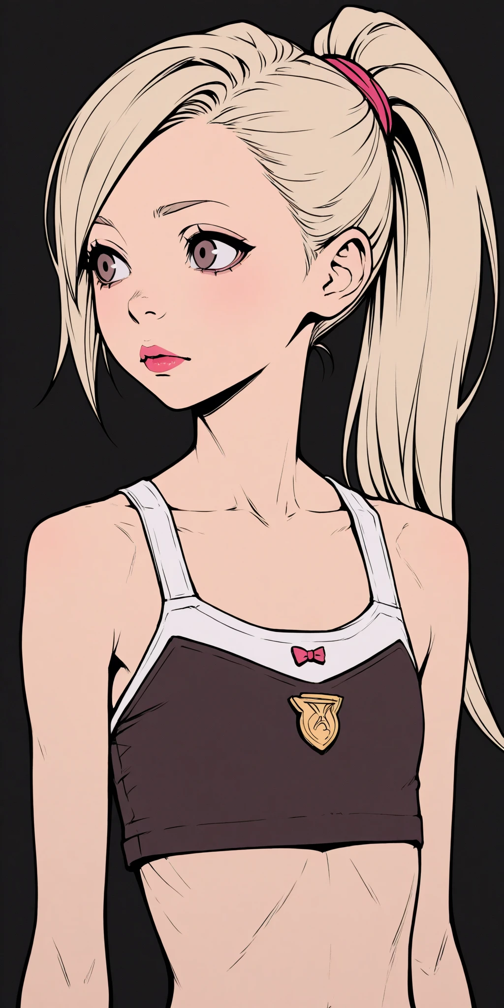 A high-resolution award-winning photography of a the most gorgeous very young preteen girl from GERMANY. she has very long bleach blonde hair, hair frames her face, ponytail. skinny girl.
A stunning upper body depiction of a lovely woman, enveloped in a sophisticated monochrome setting. Her bright red lips provide a striking focal point, accentuated by soft chiaroscuro lighting that elegantly highlights her delicate profile. Flat color.