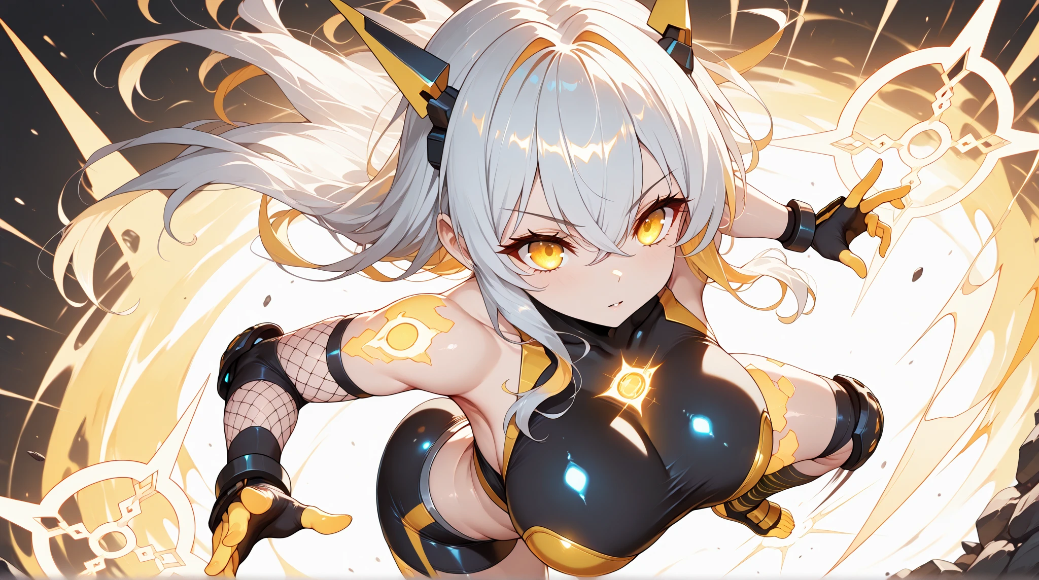 ((tmasterpiece, Best quality at best)), 1个Giant Breast Girl, (:1.4), By bangs, Beautiful curves, yellow-eyed, bluntbangs, , dragon horn dragon tail), glowing, horn, There is light in my heart, long whitr hair, (of arms:1.2), , Chopping, tightsuit, horn, side locks, coda, White hair, , , (grasolest:1.6), (holland angle), (Light particles),