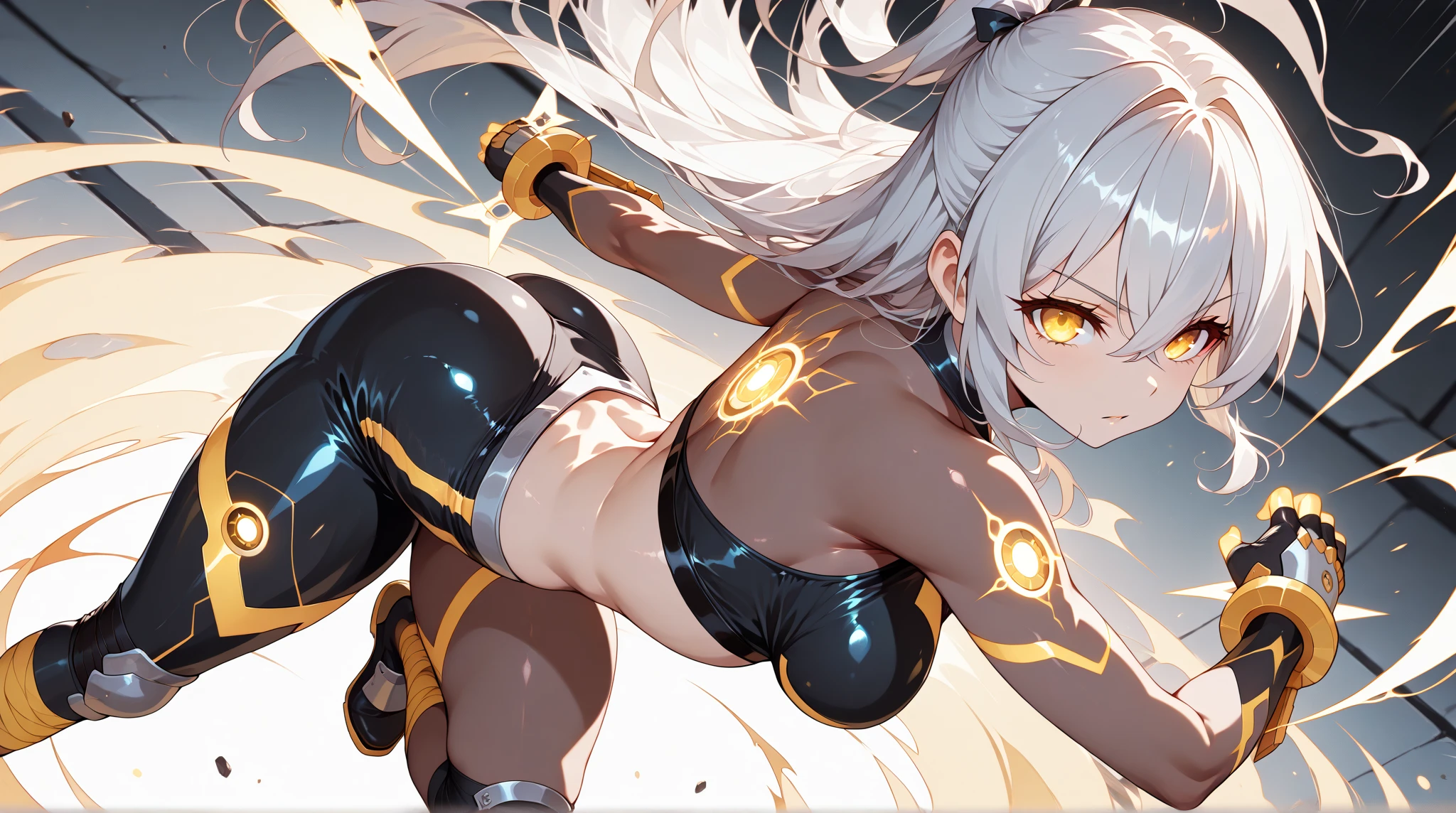 1girl, dark skin, dark-skinned female, white hair, long hair, yellow eyes, large breasts, breasts, wide hips, smug, smirk, smile, bodysuit, black bodysuit, black pantyhose, shoes, sneakers, futuristic, machinery, tech, science-fiction, neon trim, white neon trim, white trim