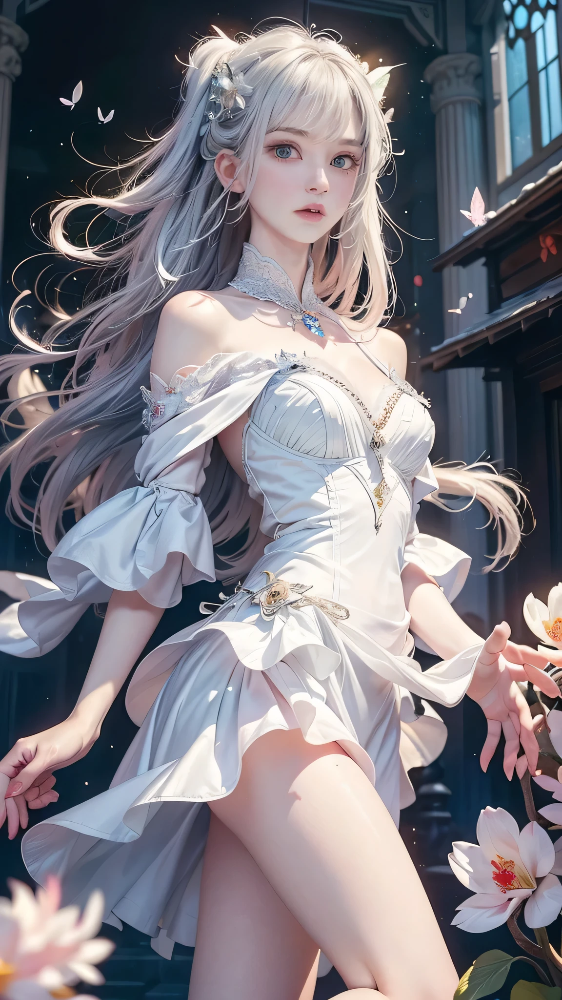 A beautiful woman with long white hair, gorgeous blue eyes, Ultra HD (ultra detail) looking at the viewer wearing a pretty pinkish dress with a neckline, high resolution, soft focus