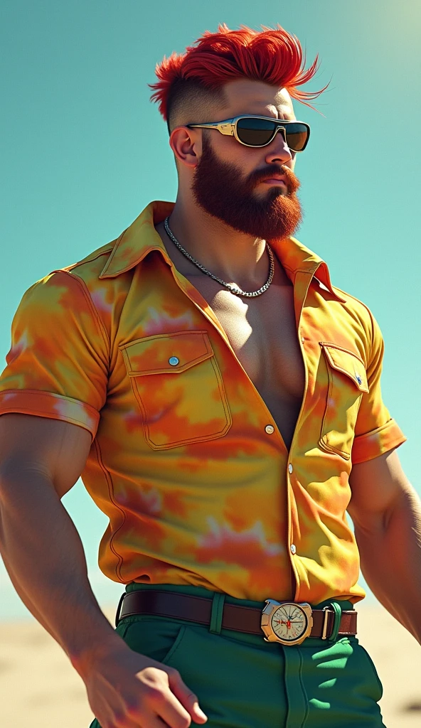 Masterpiece, denoise, void noise, one man, best quality, 8k resolution, male focus, focus only, amazing composition, volumetric lighting, super quality, elegant, Very detailed, , front view, facing viewer, -----------, 35 years old, mature face, muscular, Caucasian, (((white skin, pale skin))), handsome, (detailed light-blue eyes), ((light blonde hair, messy medium hairstyle)), big ears, (hairy pectorals, thick plenty chest and body hair), (medium long beard), (((((Jim Sturgess mixed with Russell Tovey))))), (((big nipples, perky nipples))), ------------, ((((detailed shorts and open hawaiian shortsleeve shirt))), ((poolside))