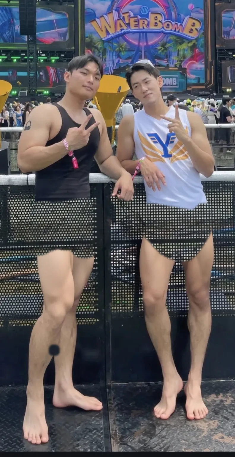 two men hugging each other、30 years old、male、Japanese、very handsome、Lace White Tights、garter belt、abs、Pectoral muscle、thick legs、open legs、spread legs、body hair、smile、stage、night