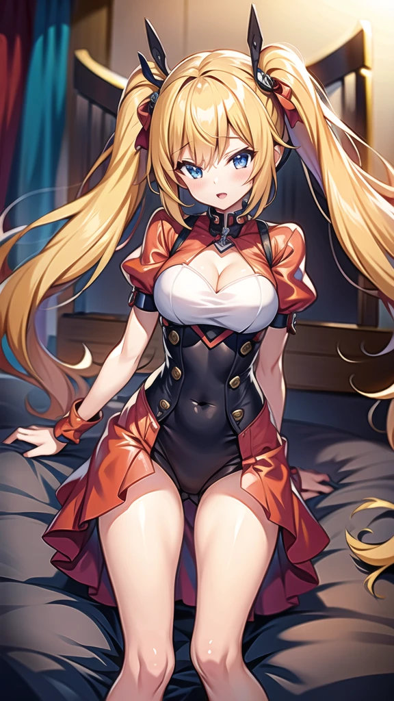  masterpiece, beautiful detail, beautiful light and shadow,Beautiful Anime Woman, Beautiful art style, Anime characters,1girl, ((((solo)))),saber,blonde hair, french  braid,short hair, hair ribbon,Sexy Hard Body,dynamic pose,looking at another,smile,shy,((close-up)),inori cosplay costume, cosplay, center opening, fingerless gloves, thighhighs, twintails, hair ornament,summer,outdoors,sunlight
