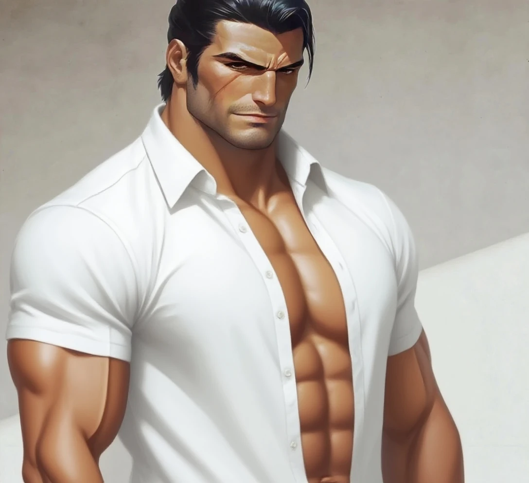 Sexy anime man, tan skin, long black hair, tattoos on arm and legs, frowning, wearing sexy black underwear, serious, big pecs, muscular, skinny waist, erect cock, stubble