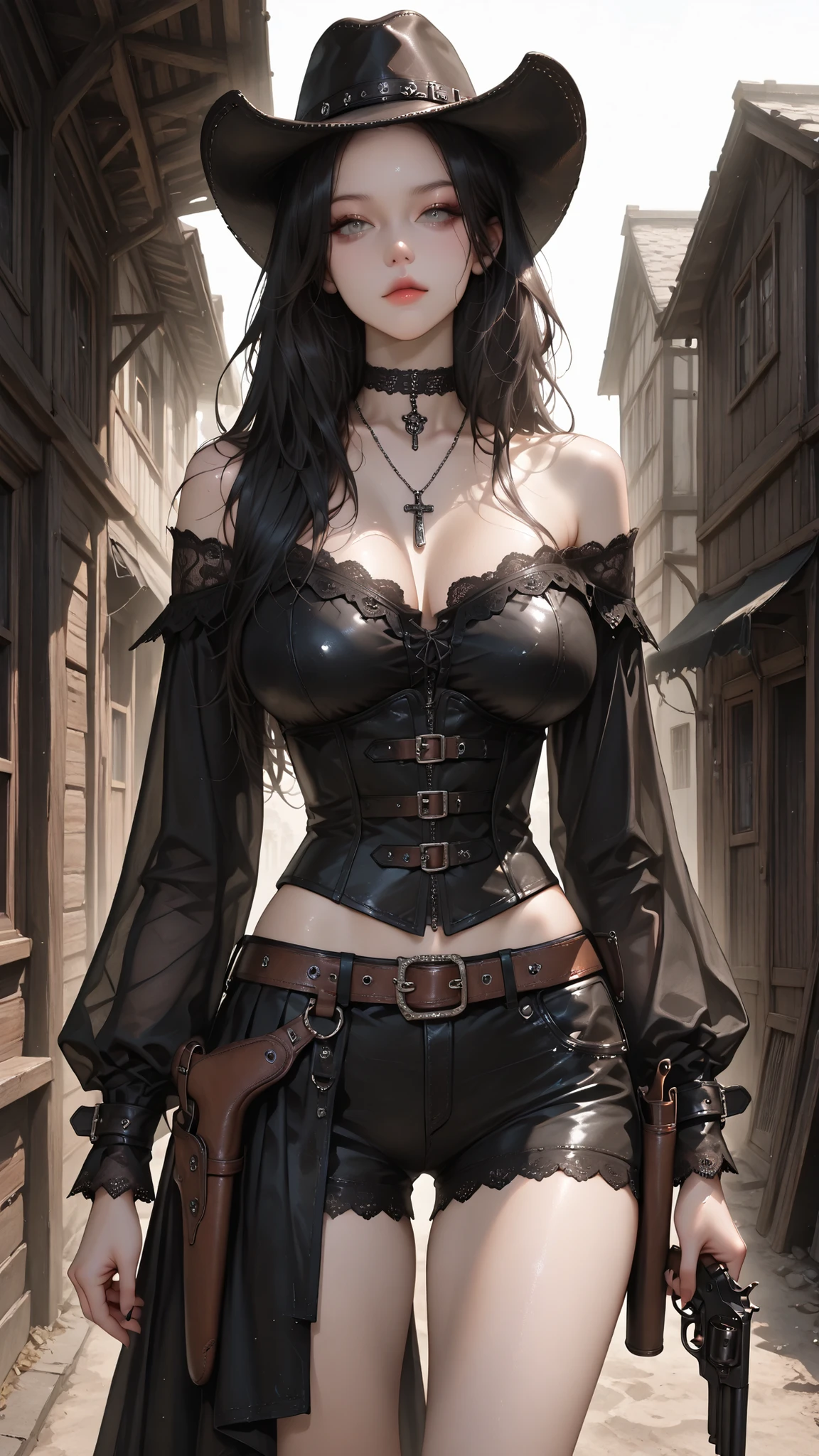 ((Best quality)), ((masterpiece)), (highly detailed:1.3),a woman long hair, bangs, leather corset, black lipstick gloves grotes, gothic scenery, serious look