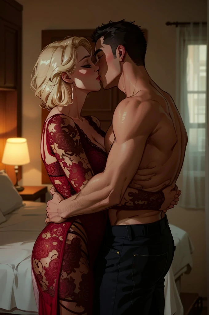 Man with good physique kissing a tomboy