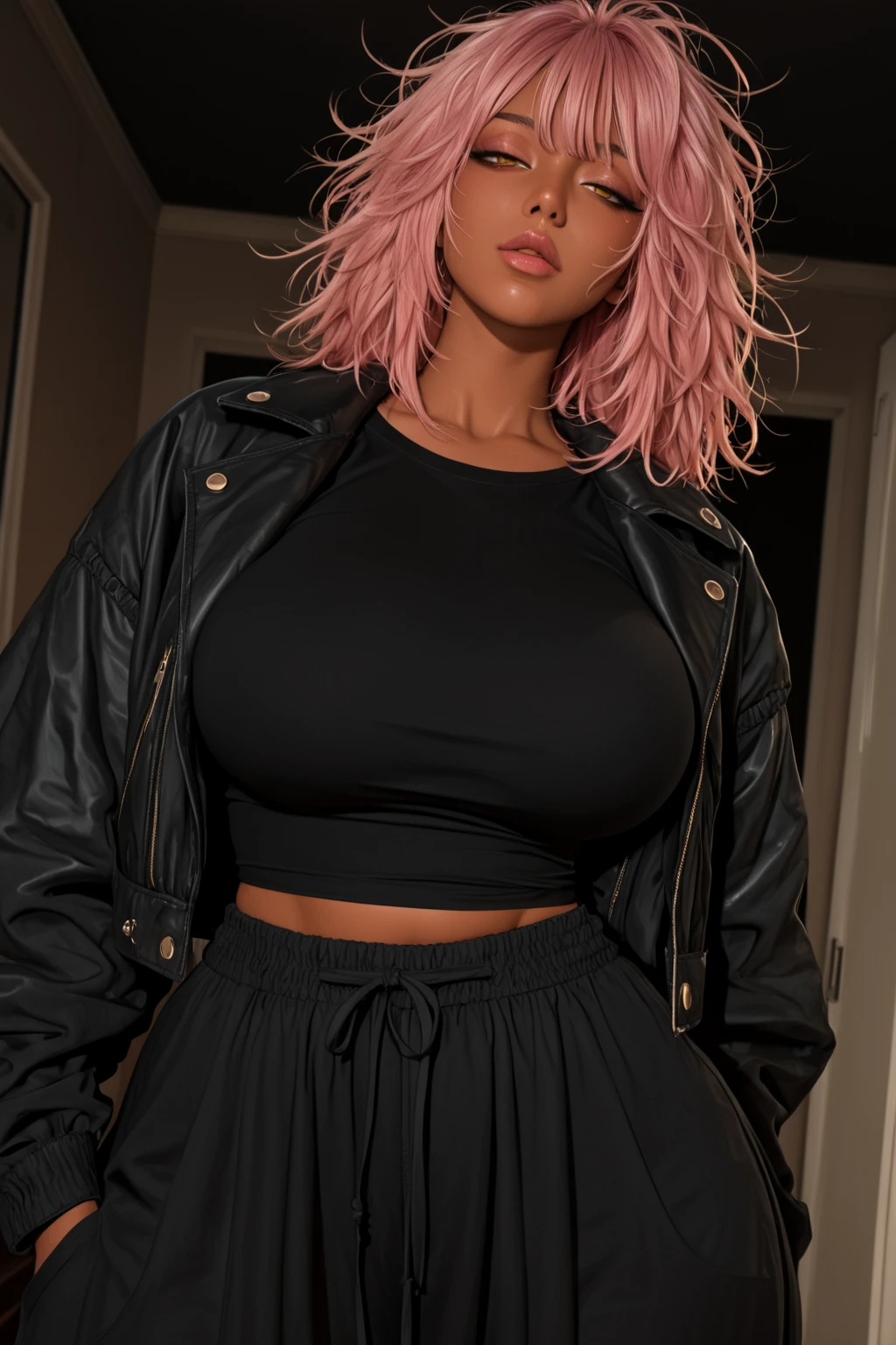 (african, dark skin,black woman,beautiful detailed eyes,black hair,longeyelashes,fluorescent pink shirt,black jeans,blue leather jacket,big tits,big legs,thick legs,busty),ultra-detailed,(best quality,4k,8k,highres,masterpiece:1.2),vivid colors,portraits. Comic style