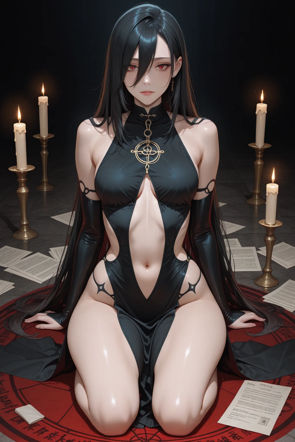  ((best quality)), ((masterpiece)), (detailed), 1girl, NSFW, small breasts, prominent collarbones, skinny arms, flat stomach, visible hip bones, long hair, ponytail, thick ponytail, heavy ponytail, red and white clothing, full body, whole body, body, NSFW, full body, whole body, head-to-toe NSFW, Bloodborne inspired, occult aesthetic, occult, detailed and intricate steampunk and detailed gothic