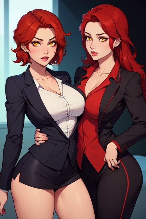  beautiful milf,tall , perfect body, triangle earrings,red hair,white shirt,black skirt,red lipstick,sharp jawline,face makeup,hair bun ,huge breasts, cleavage , smile ,blazer, eyeliner, eyeshadow, detailed face,1 girl ,full body view, stocking