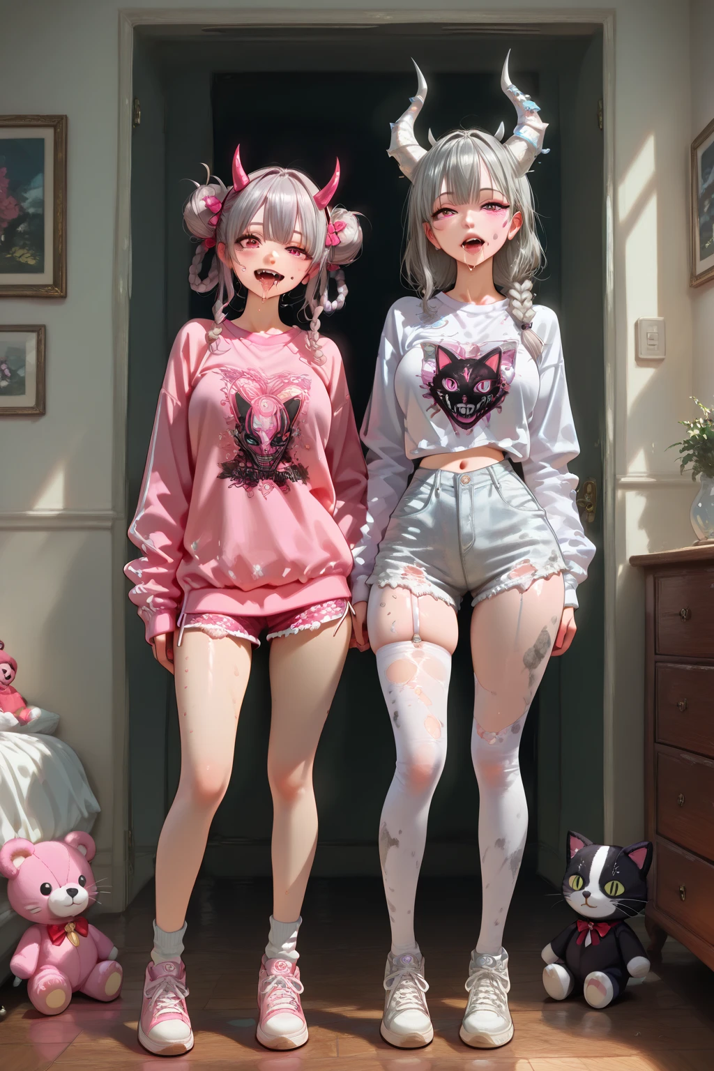 photo of 20 y.o girl in a black cami & lingerie, short wavy pink twintails, pale skin, heterochromia eye, mole below eye, thick eyebrows, freckles, hoodie, shorts, medium breast, small waist, wide thighs, thigh gap, on bathroom, ((see-through)), 8k uhd, dslr, soft lighting, high quality, film grain, Fujifilm XT3,