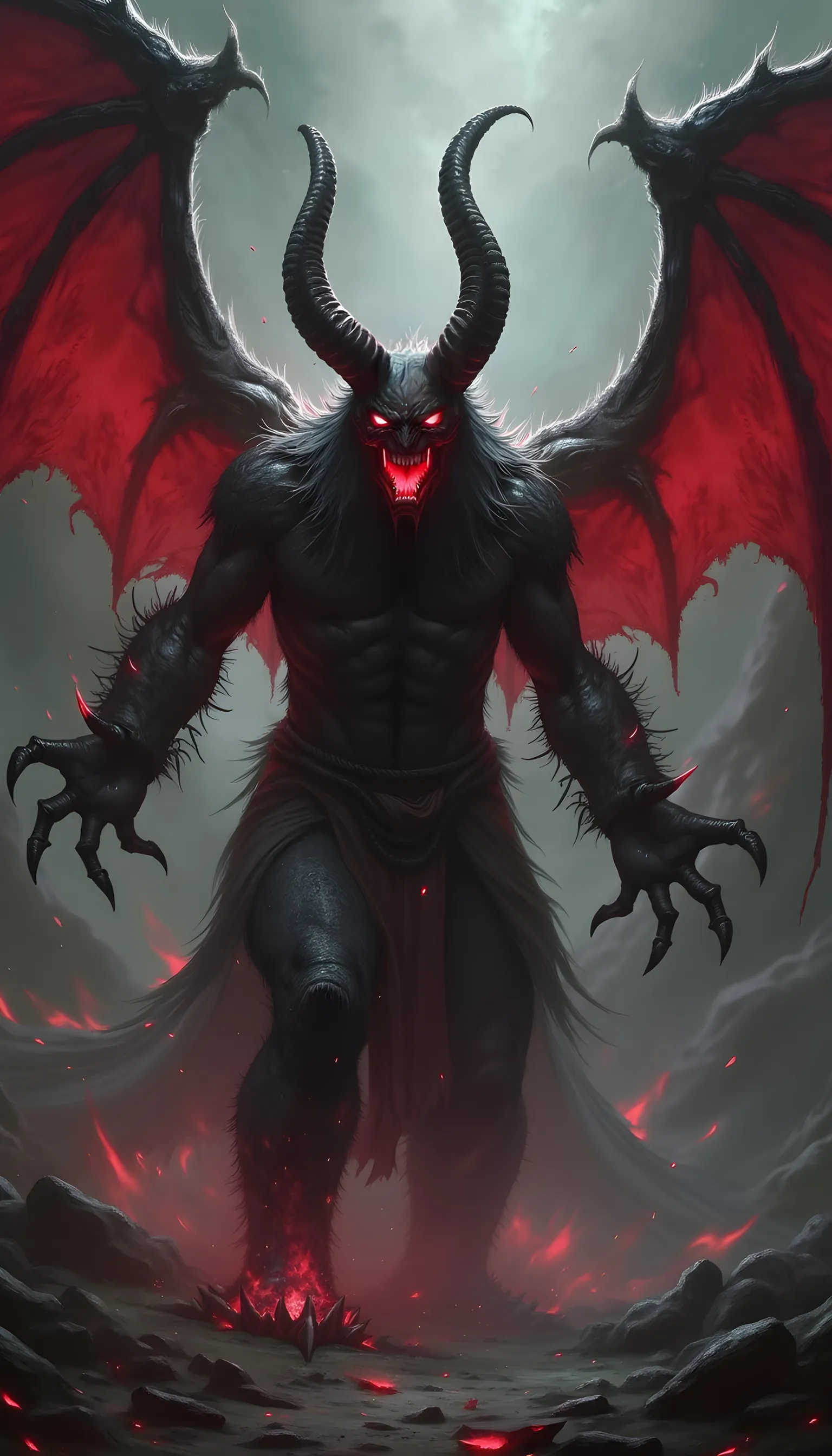 Demon in human form. Curved and pointed chubs, prominent fangs, intense eyes, sharp claws, Impressive body. Vague gender.
