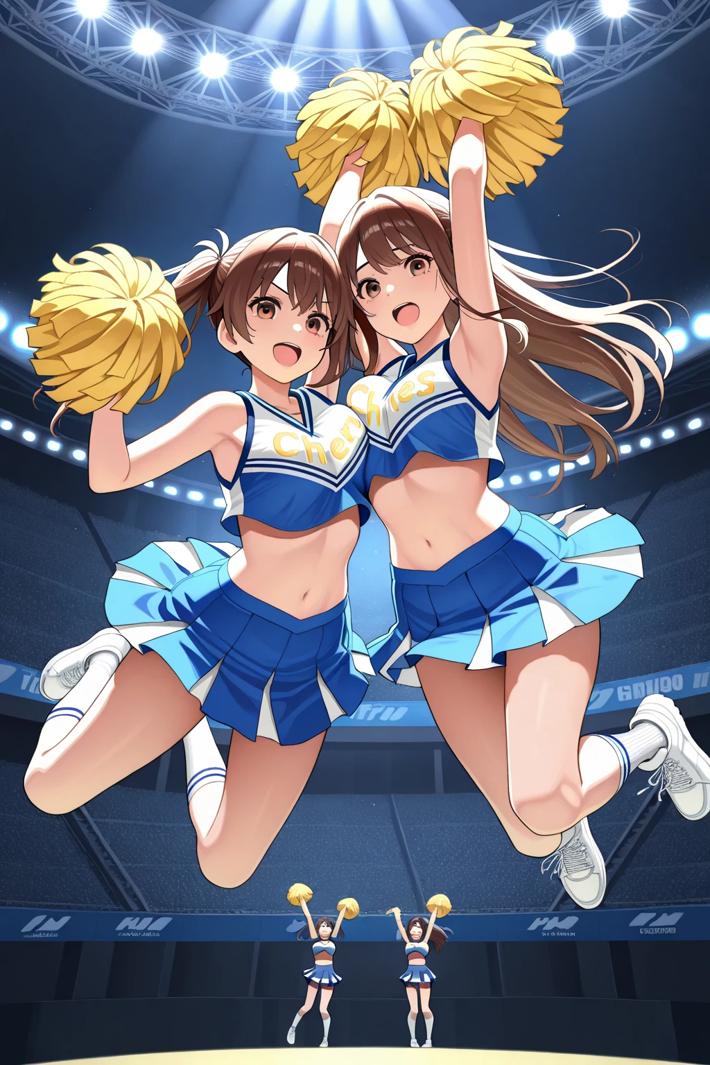 ((masutepiece、Highest quality、High resolution、nffsw、Perfect Pixel、4K、nffsw、nffsw)))、1 person、single、((solo:1.5))、Beauty、Full body view、Cheerleader、((Smooth texture:0.75、Realistic texture:0.65、Realistic:1.1、Anime CG Style))、(1 personのCheerleaderが屋外ステージに膝を着いて足を大きく広げている:2.0)、((Symmetrical eyes:2.0、Brown eyes、Slanted Eyes、Long eyelashes、Beautiful eyelashes、Realistic eyes、make))、 ((Detailed face、blush:2.0、I hate it:1.5、Are crying:1.0、Screaming:1.0))、 (Big breasts and sexy figure:1.2)、 Brown Hair、Shoulder-length hair、((Cheerleader衣装、Wearing a bikini top.0、Wearing a normal length skirt.0))、((View from below the stage:1.5))、((There are a lot of photographers around taking pictures.:1.5))、Focus on panties:1.5、Her skirt is rolled up and her panties are exposed:1.0、(Panties are completely exposed:1.5)、(Wearing wide panties:1.3)、(Wearing cute panties:1.3)、Wearing sneakers、((Large crowd:1.5))、Sunny daytime