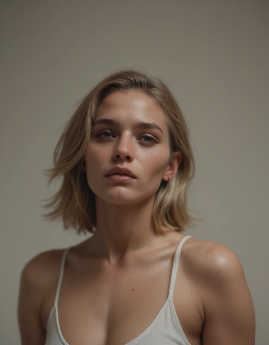 dakota_sky, portrait, beautiful, young woman, pale blonde, short hair, most striking features, intricate details, contrast, texture, realism, High quality rendering, Stunning art, film grain, Fujifilm XT3, detailed skin