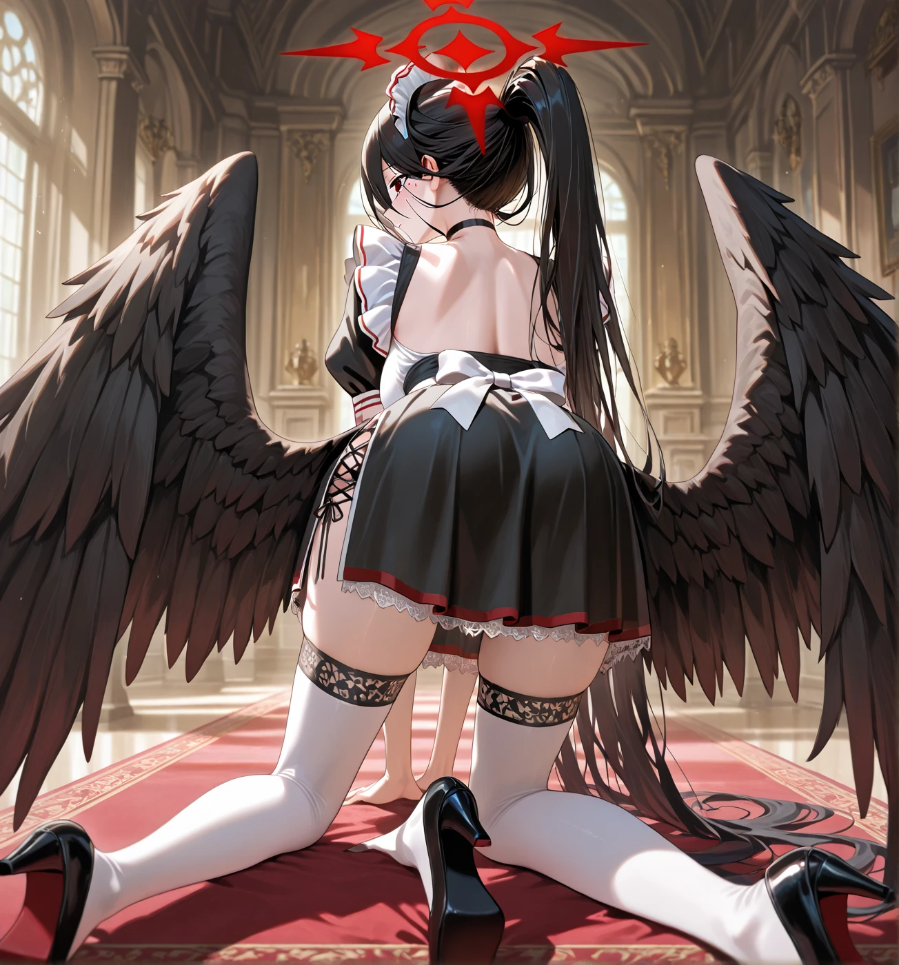 ((( 1 20-year-old girl ( half-naked: 1.2 ), symmetrical body, perfect body, two legs up, lying down, legs open, lying on a bed and both legs up, perfect body, two arms, two hands, two feet, two legs, very small skirt, small breasts, breasts out, open mouth with excited facial expression))), ((masterpiece))) the whole body, the whole body Take (a girl) ((black hair, long hair , straight hair, both sides up))), eye shadow, eyeliner, glowing eye, hyper-detailed eyes, complicated eyes, beautiful eyes, fine eyes, (((star-shaped pupil, bright pink eyes)) ( Wearing a transparent jacket made of PVC material)) huge cool weapon Mechanic in hand, huge cool weapon Mecha, Mecha, Mecha, Mechanic, open posture, combine、View from behind