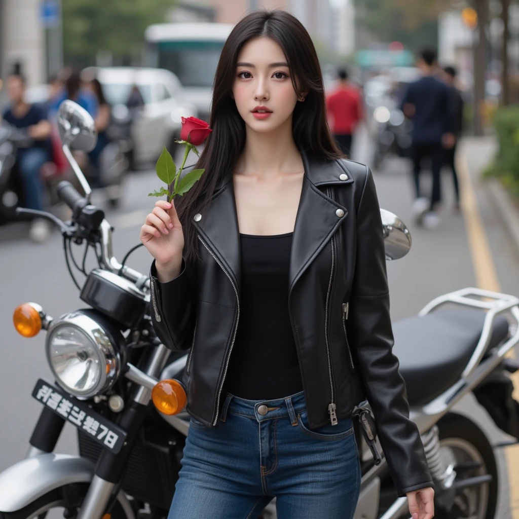 (((Only one girl、Japanese、Skinny athletic model、Flat Chest)))、50 years old、((In a black leather jacket、A cool style with fitted skinny jeans。Pair it with a simple white T-shirt or tank top as an inner layer.、Add an accent necklace or bracelet。)))、The best smile、The scene where she is walking in the mall。The hardness of a leather jacket、The casualness of denim is perfectly balanced.。