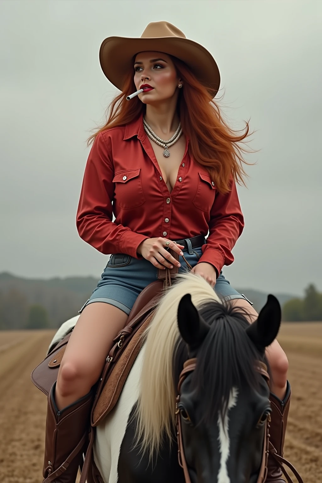 Cinematic Film Still, Movie still from an old western, 25yo Irish Immigrant woman, pale skin, beautiful red hair, [[light freckles]], (riding a horse), open pasture, breathtaking scenery, gritty, cowboy hat, flannel shirt, denim jeans, large ample breasts, [wide hips], thighs, The woman has a big perfect ass, ð, dramatic, stormy weather, crepuscular rays, overcast, extremely detailed, cinematic lighting, shadows, ISO 1000, F/2.4, soft focus, rear angle, wide-angle, grainy, film grain, solo, emotional, epic