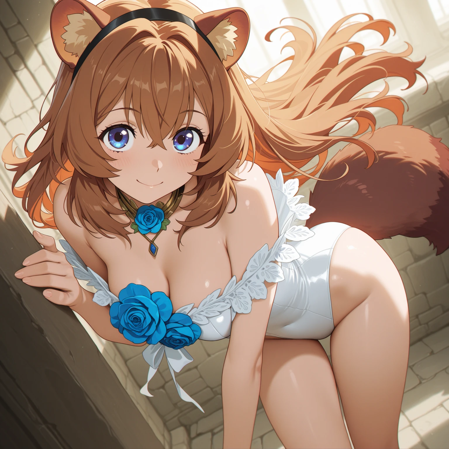 score_9,score_8, (((perfect face))), (medium breasts), focus breasts, full body view, {looking at viewer},(brown hair), (bangs), (long hair), (animal ears), (raccoon ears), (raccoon girl), (raccoon tail), 1girl, raphtalia, (pink eyes), (detailed eyes), (perfect Eyes), garden, cleavage, outdoors, bare shoulders, black pantyhose:1.3, bowtie:1.3, rabbit ears:1.3, white leotard:1.3, wrist cuffs, strapless, detached collar, fake animal ears, playboy bunny, black bowtie,