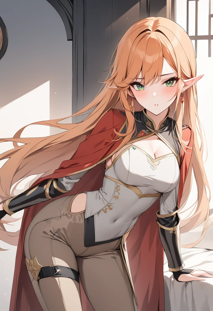 straight standing view in full height very detailed face and body young beautiful elf vampire long ash hair red eyes serious facial expression dark open top on the chest shorts without shoes cutout on the chest open breasts of the second size 32k