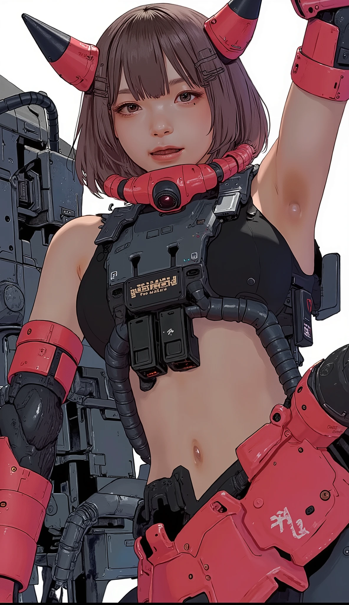 Close up of a magazine with people, Zaku, dynamic action pose ,red, MEGASCAN , Shiro Masamune style , Masamune Shirow, inspired Masamune Shirow, Zaku, Female Mecha, Black Mecha, Japanese Mecha, Macross's style, Mecha Girl, MAGAZINE SCAN