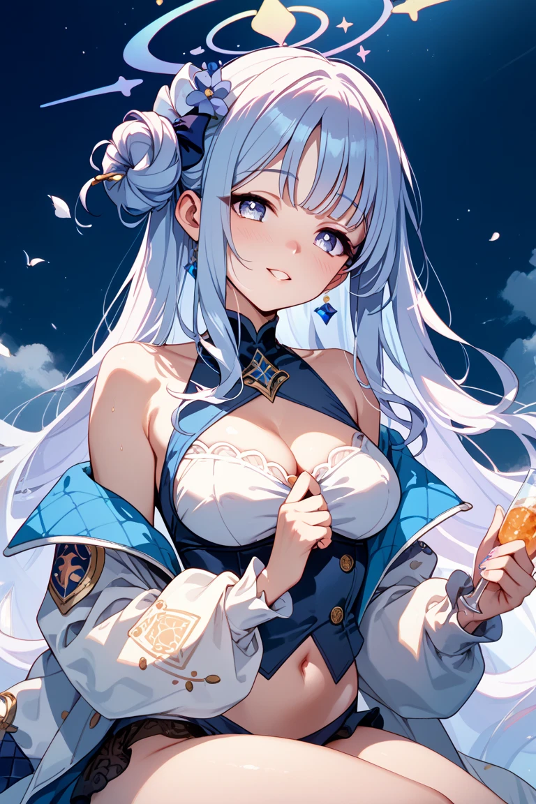Hoshimachi Suisei,blue eyes,Blue Hair,choker,Hair between the eyes,Medium Hair,Side Ponytail,スターchoker, Star Piece:1.2), Highest quality, High resolution,(Beautiful and beautiful eyes:1.6),(Perfect hands, Perfect Anatomy),(((masterpiece))),((Highest quality)),Troubled face,blush,Excited,bare breasts,shirt lift,nsfw,aroused,spread pussy