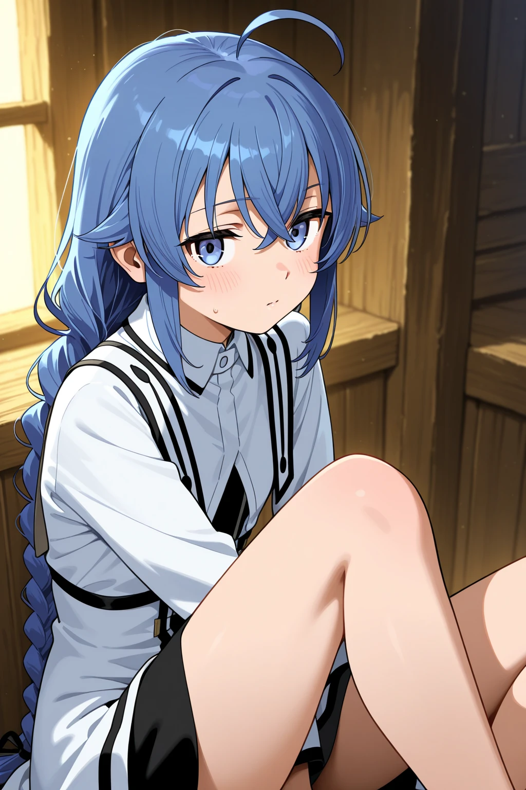 Roxy_Migurdia(Mushoku Tensei)、1 girl, masterpiece、highest quality、best image quality、vivid description、Focused、blue eyes、crimson blue hair、double big braids、{embarrassing}、{{face is red}}、{{}}、satori、{drool from the mouth}、{Low - Angle}, {lower body}、{NSFW}, spread your legs,{{Depicts the whites of the eyes clearly and vividly}},{{masturbation}}、{{put your hand inside your panties}}、spread your legs,white panties,{{touch the erect clitoris with your hand}}、Open your、butthole、White semen flows out of the pussy、{{white puddle under crotch}}、belly button、{{stick one out'tongue}}