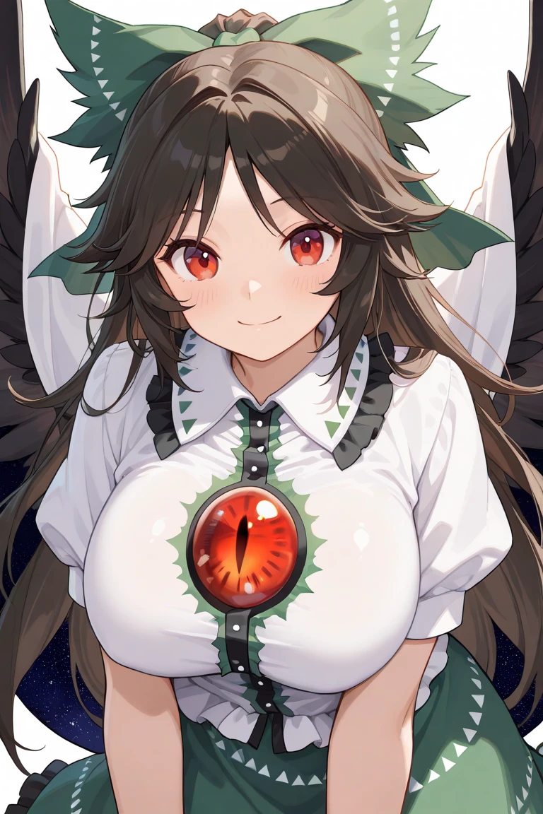 masterpiece, best quality, absurdres, highres, very awa,
 <lora:Jadf v2 - NoobAI 1.0 V-Pred:1>
1girl, solo, reiuji utsuho, black hair, long hair, sidelocks, closed eyes, smile, open mouth, :d, blush, shirt, short sleeves, puffy sleeves, skirt, frilled skirt, green bow, hair bow, black thighhighs, skindentation, zettai ryouiki, thick thighs,  wings, black wings, feathered wings, third eye, large breasts, covered nipples, puffy nipples, standing, leaning forward, hands up, clenched hands, white background, simple background, cowboy shot, facing viewer,