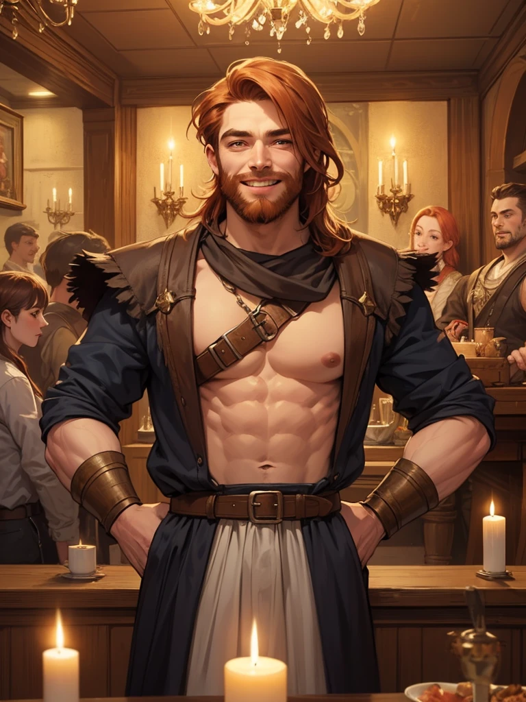 (Best Quality), (Ultra Fine), (Masterpiece), Illustrations, (Young Man), (Wheat Skin), Pirates,  Tiny Smiles, Scene on Board