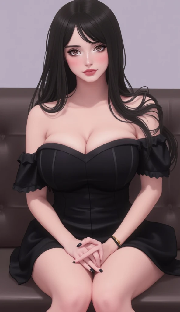 a woman in a black dress sitting on a red couch, seductive anime girl, beautiful alluring anime woman, anime girl wearing a black dress, nico robin, tifa lockhart, attractive anime girl, seductive tifa lockhart portrait, oppai, beautiful anime woman, tifa, tifa lockheart, anime best girl, with a large breasts