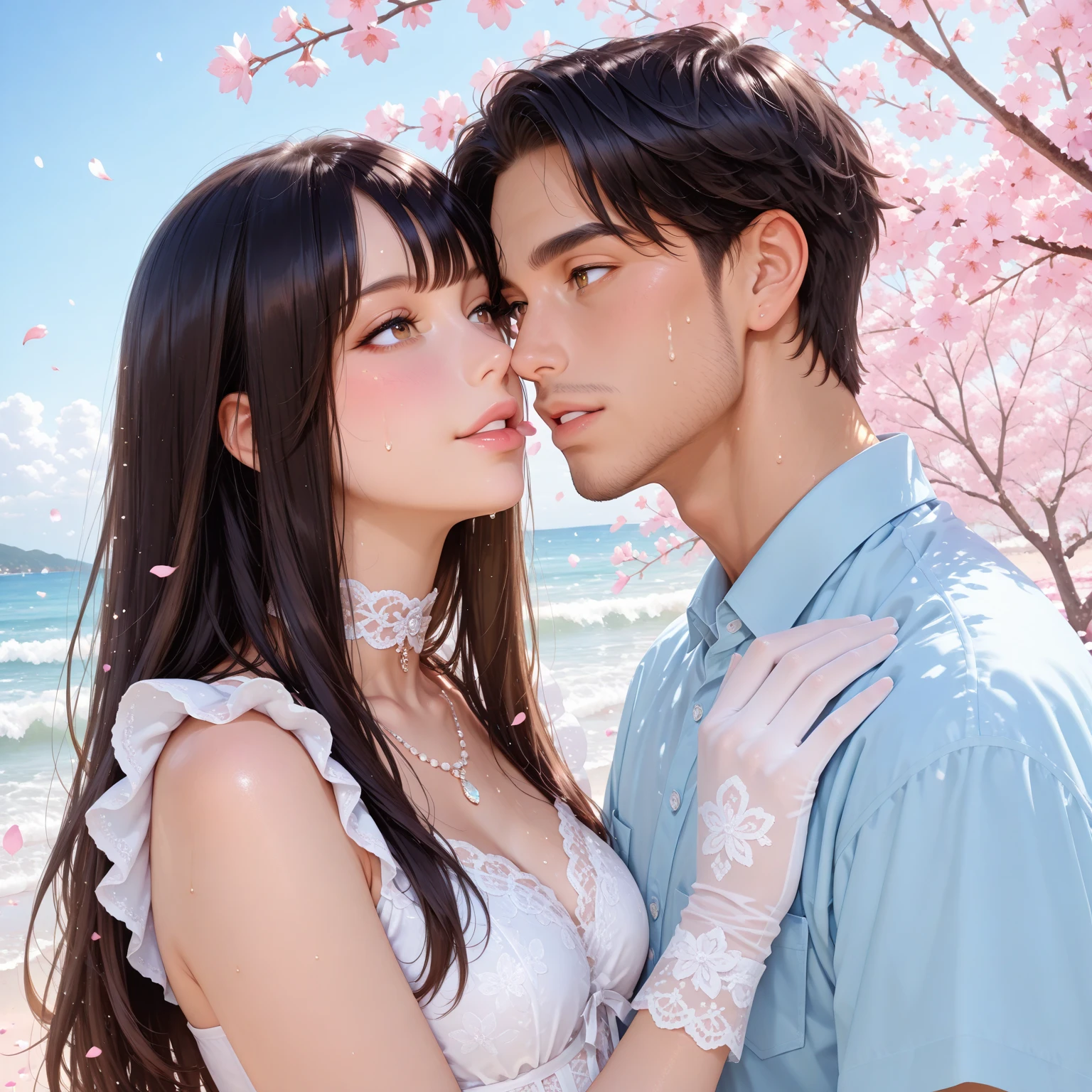 2girls , (couple focus:1.4), classmates, Adorable, Lori, 14years, Upper body, japanaese girl, cheek-to-cheek, Ruffled Summer Dresses, Twin-tailed, Beach, (Smile:0.7), hair scrunchie, Low contrast, Best Quality, 超A high resolution, photographrealistic, ultra-detailliert, 8K, Raw photo,downbrouse, (cleavage:1.2)