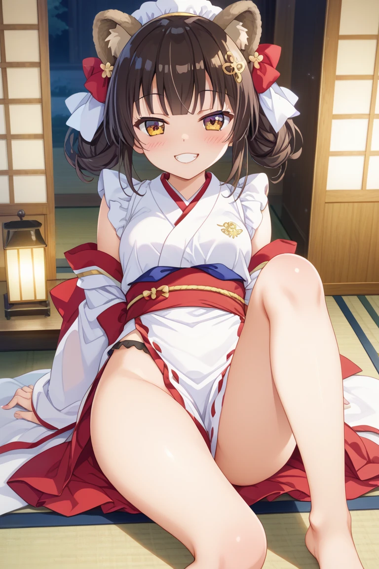NSFW,masterpiece,Highest quality,High resolution,Super detailed,Nekone \(Utawarerumono\),Brown Hair、（Red Eye：1.3）、ribbon,Twin tails、ヘアribbon、Mole、目の下のMole,Small breasts,blush,(Ecstasy face),Estrus,I feel,kimono,High quality sexy dress,(Prostitute),Brothel,Japanese-style room,Lying down,Lying on your back,Leg spread,(Having sex),(Squirting),(Trembling),heart,(Falling into Pleasure),From above