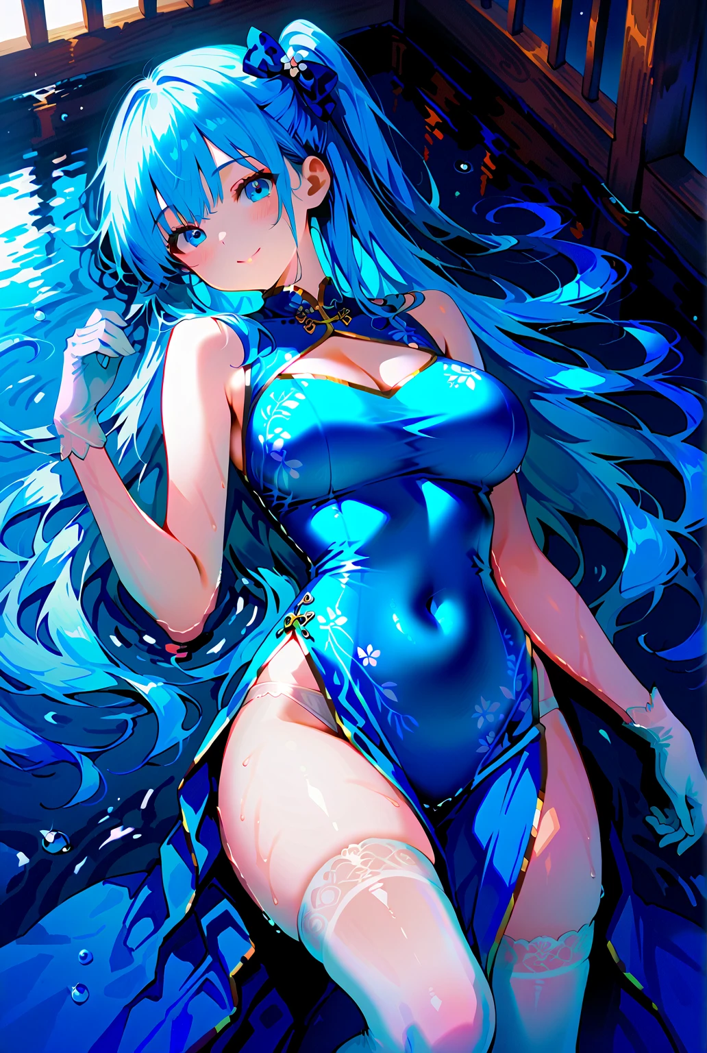 handsome girl,blue-eyes,blue pupils,Long blue hair,Hyperresolution,accuracy,Detailed rendering,(Subtle facial image)(Image of fine hair)(topquality)(Masterpieces of masters)(High degree of completeness)(A sense of atmosphere)tmasterpiece,Super detailed and super detailed(half-body portrait), long wavy blue hair, merfolk, , in water, (((tHICK WAVY HAIR)))(((ANKLE LENGTH HAIR)))(((Blushing)))(((Huge breasts)))(((Lingerie)))