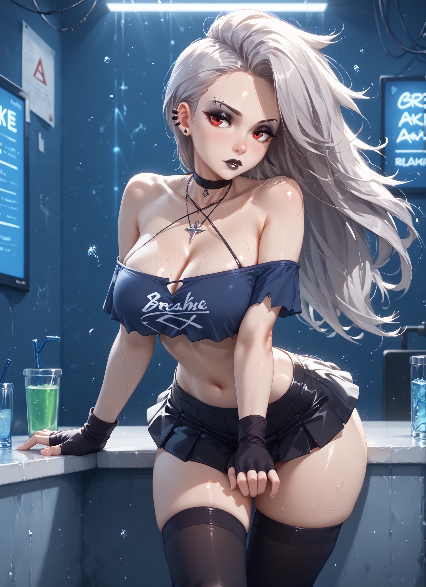 top-quality、Top image quality、​masterpiece、girl with((18year old、 Beautiful Aloha Shirts、Black bra、Blue long trousers、Best Bust、Bust 85、a blond、Semi-long、Blue eyes、open chest wide、Valley、Happiness、A slender、great laughter、Gold Earrings、Silver Watch)）hiquality、Beautiful Art、Background with((Night Bar、Neon lighting)、masutepiece、Elaborate design、visualart