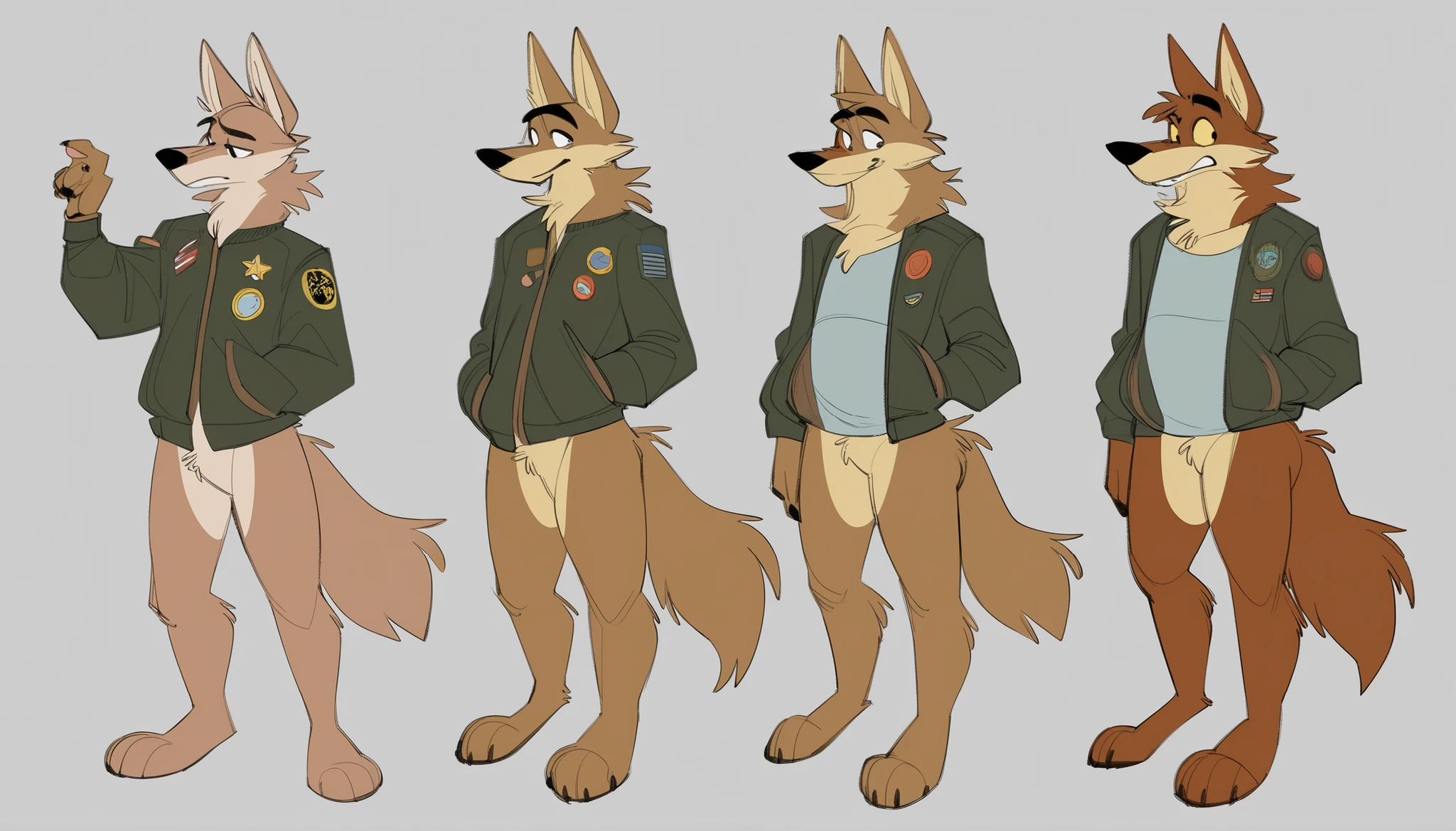 sketches of a cartoon coyote furry character, male, cool, professional furry drawing, furry character, unrealistic character concept, cartoon furry style, an anthro coyote, full body character concept, character reference, full character body, sketchy artstyle, anthro concept art, single character full body, full body character, character concept, by infamousmustelid, by mikachutuhonen, by uochandayo, by Piti Yindee, bomber jacket, countershading, , paws, expressions, multiple view