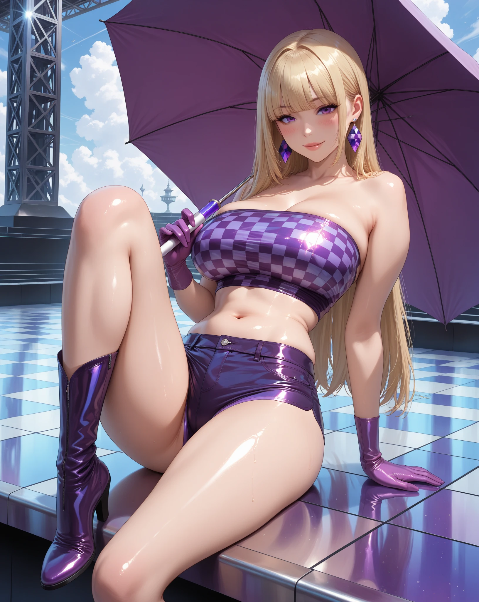 masterpiece, best quality, 1 girl, alone, teenager, One quarter of Japanese, blond, long hair, Purple Eyes, side parted bangs, Short Liuhai, Smile, Medium breasts, good exercise, Bruma, outdoor, track and field, smug