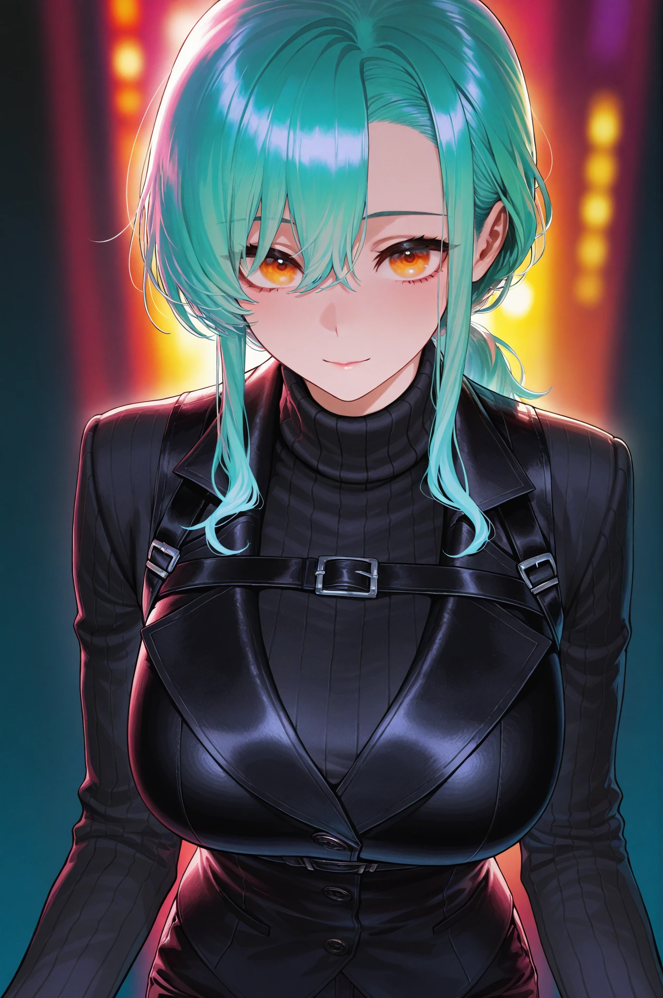 1girl,solo,super detailed skin,shiny skin,wet skin,natural face,eyelashes,green hair,double bun,blunt bangs,sidelocks,,large breasts,bodysuit,full-length zipper,open zippers,heart cutout,latex,ninja clothes,Shinobi costume,model pose,standing,from above,night palace,masterpiece,best quality,ultra detailed,high resolution,sharp focus,depth of field