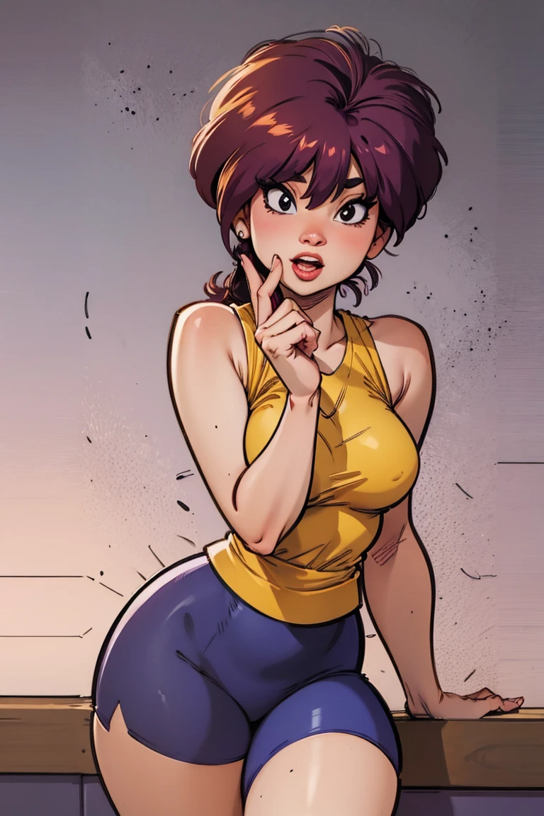 masterpiece, best quality, one girl, solo, detailed face, looking at the viewer, black eyes, gold hoop earrings, 4 fingers, detailed skin texture, (blush: 0.5), (goosebumps: 0.5), subsurface scattering, detailed skin texture, (blush: 0.2), (goosebumps: 0.3), sexual expression, portrait, pink midriff tank top, white denim mini shorts, high resolution, detailed night city background, black nose, sfw, goof troop, Disney, character, anthro, detailed fingers, flirty pose, right hand behind the head, left hand on hip, detailed between legs, detailed tummy, detailed chest, detailed knees, breast blush, fishnet tights, high heels, detailed nails, full body