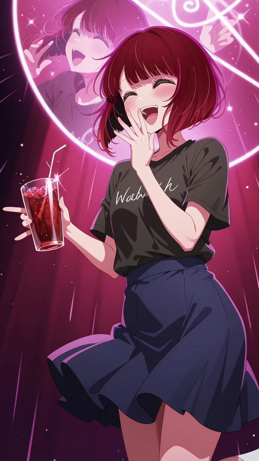 Arima Kana by Oshi no Ko, laugh, without stars in the eyes,  5 fingers, Single, holding a glass of soda, happy, wearing a dark yellow sports t-shirt, a dark blue skirt , Jumping for joy because of the victory of his favorite team