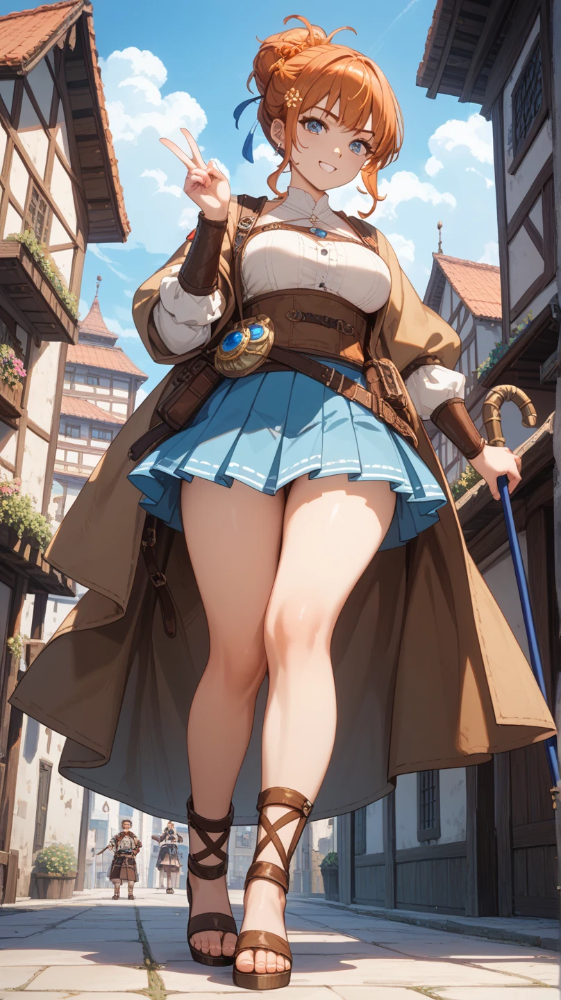 Seductive giantess with platinum blonde hair and emerald eyes, in a barely-there silver outfit, walks through a quaint town, her towering form causing panic. She looks at the tiny humans with a smirk of superiority. Giantess, Goddess, sexy legs, heels, hot, curvy body, mommy issues, small town, small people, tiny people, macrophilia, perspective from below, high quality, almost naked, mature woman.