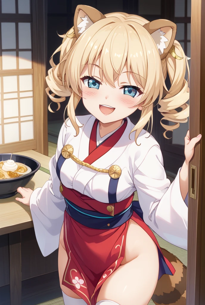 Girl eating ramen,18yr old,Two-dimensional style,Yellow ponytail,Wear earrings,wearing Japanese kimono,Small breasts,Exquisitehands,Cute tattoos,facing to audience,ssmile,Big innocent eyes,The background is at a Japanese-style ramen restaurant
