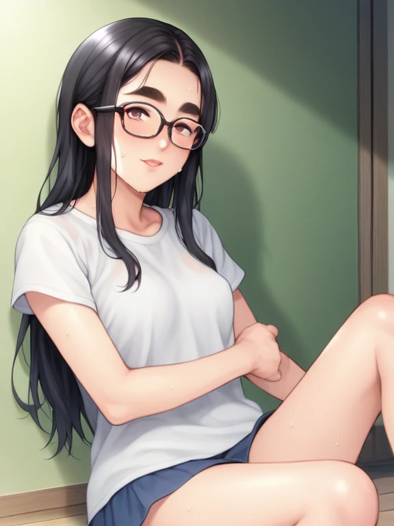 Erotic、Bedroom、naked、Glasses、A woman with a penis growing out of her crotch、semen、Sweat、、Troubled expression
