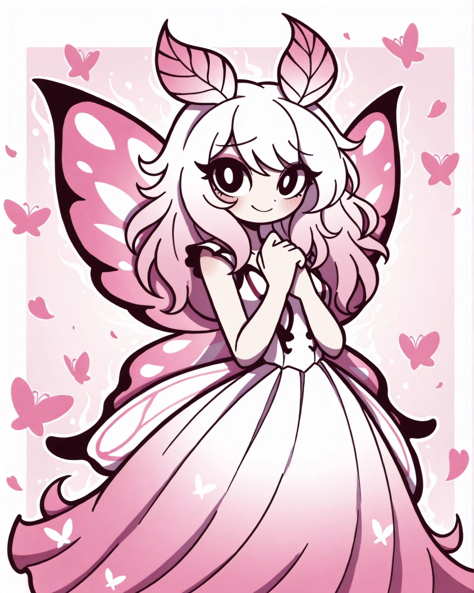 (beautiful butterfly girl:1.3), ethereal muse, fantasy shojo style, big reflective eyes, pastel hair (silvery pink), soft expression, semi-transparent butterfly wings (luna moth style), sheer flowing dress, surrounded by gentle floating petals, soft lighting, delicate aura, white or pastel background, emotional soft shading
-style shojo, CartoonyIllustrious --quality high