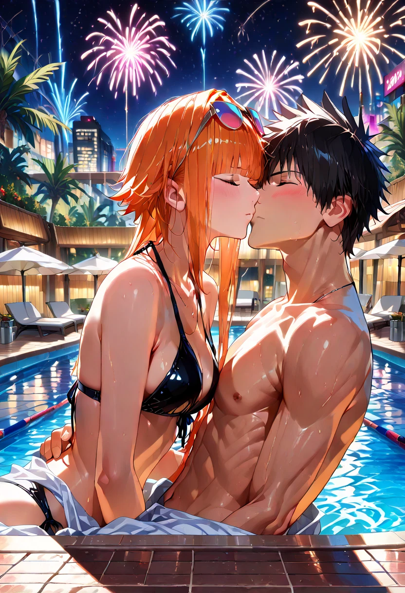 black hair, short hair, brown eyes, hair between eyes, ash ketchum, sweat shorts, shirtless misty pokémon, orange hair, green eyes, side ponytail, green bikini, masterpiece, sun overhead, photograph of beautiful 18 year old couple, inside a beach house at night with no lightning, , starry night, full Moon, in the style of silhouette figures, hugging, kissing, putting her hand on his chest