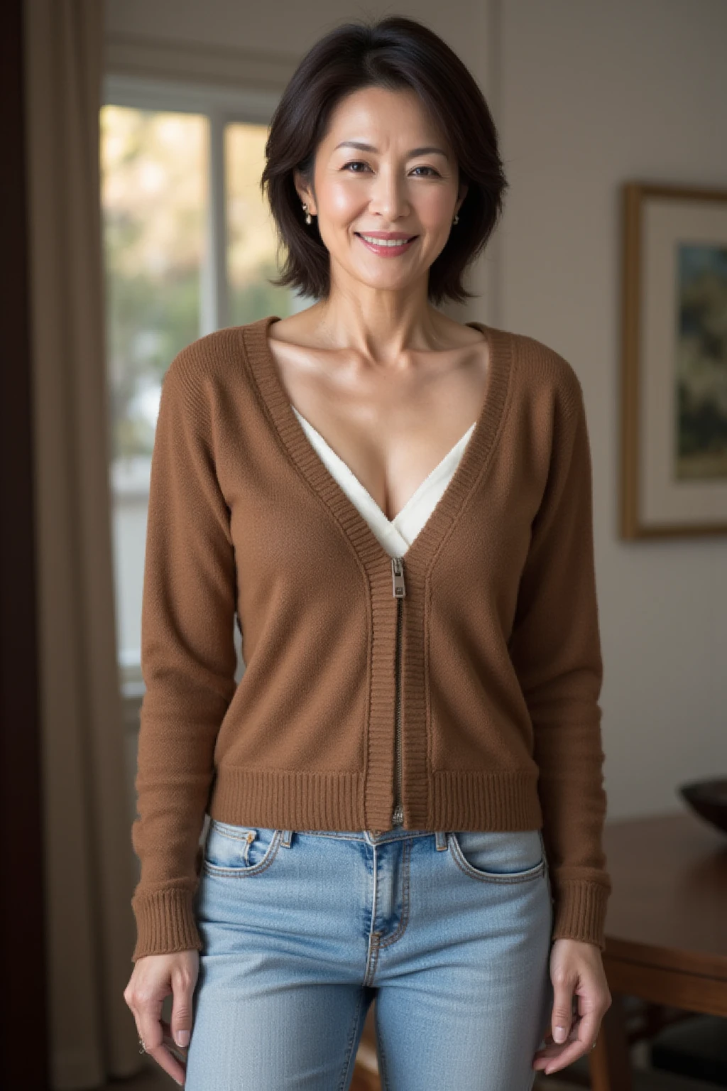 Remove Background, Gravure printing, Facing forward, ((restraint)), Gorgeous makeup, from chest up, On the table, best quality, Super detailed, Practical, Ultra dense skin, Perfect anatomical structure, (1 Japanese), (Solitary), 95 years old, Large Breasts, Adult, charm, Sexy, Pure white skin, Looking at the audience,black underwear black underwear,open knitted coat、high quality、Nice face、溫柔且Sexy、cute、Smiling woman