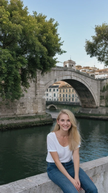 her name is Amelie, high quality, 1girl, ((25-year-old fit Caucasian woman)), ((25 years old)), ((SLIM)), ((Loose Chignon blonde hair)), smiling, pose: standing, wearing Refined Trendsetting Generation-Z modern wear pastel colored, BACKGROUND:  "Walking along the Ribeira district, with its narrow streets, historic buildings, and views of the Douro River."
