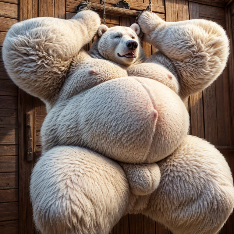 masterpiece, best quality, 8K resolution, Very detailed, hairy,(((polar bear)),(((Mature))),(((beard))),(((fat))),(((portrait))),(((White hair))),(((Lying))),(((Shirtless))),(((Blue Eyes))),(((Spread your limbs))),Highest quality scene,(((Hip bulge))),(((Fat-enclosed muscle))),(((Round face))),(((basement))),(((dark))),(((Solitary))),(((Erotic panties))),(((limbs tied))),(((The expression of the prickly scarf)))