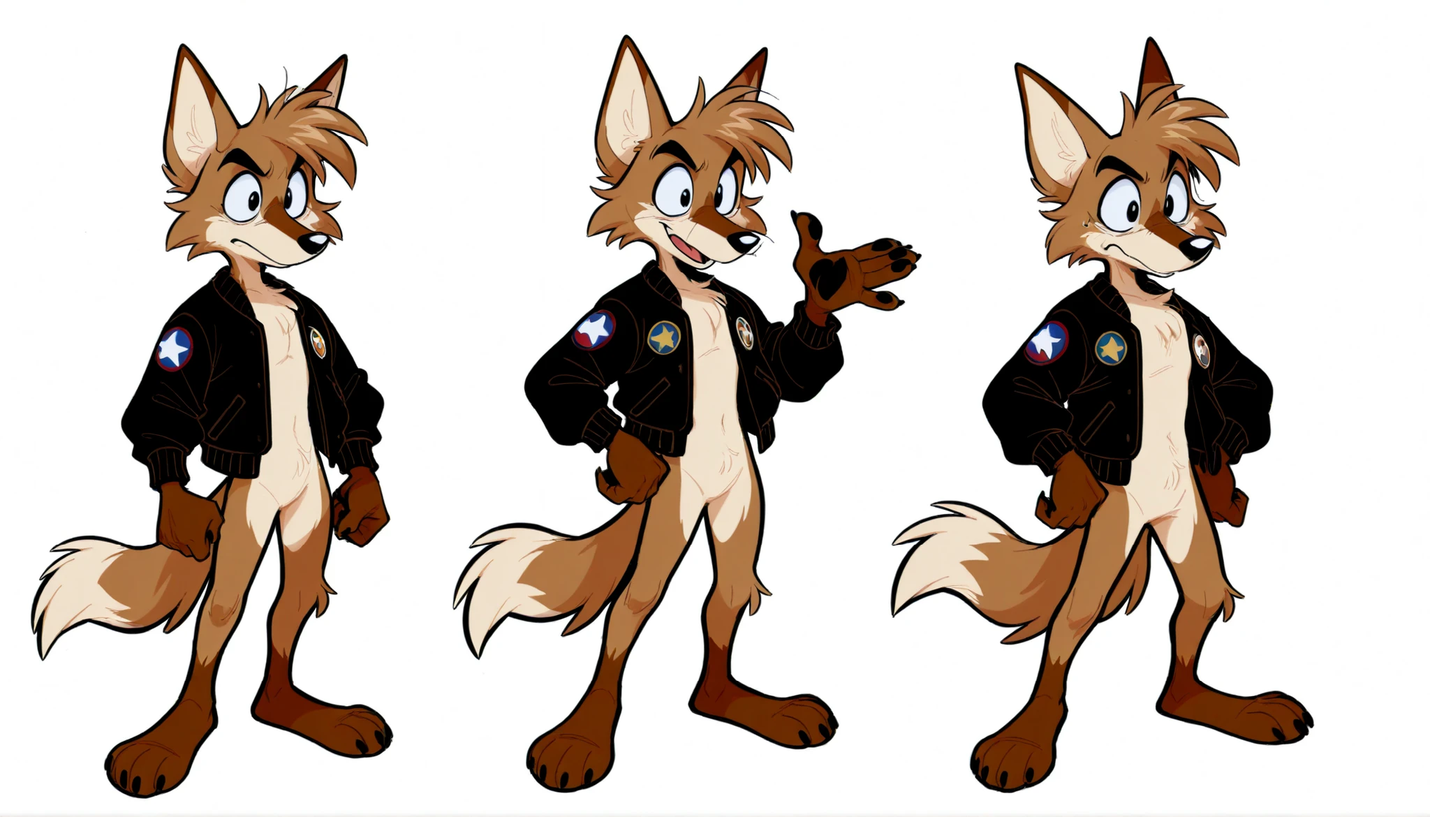 sketches of a cartoon coyote furry character, male, cool, professional furry drawing, furry character, unrealistic character concept, cartoon furry style, an anthro coyote, full body character concept, character reference, full character body, sketchy artstyle, anthro concept art, single character full body, full body character, character concept, by infamousmustelid, by mikachutuhonen, by uochandayo, by Piti Yindee, bomber jacket, countershading, , paws, expressions, multiple view