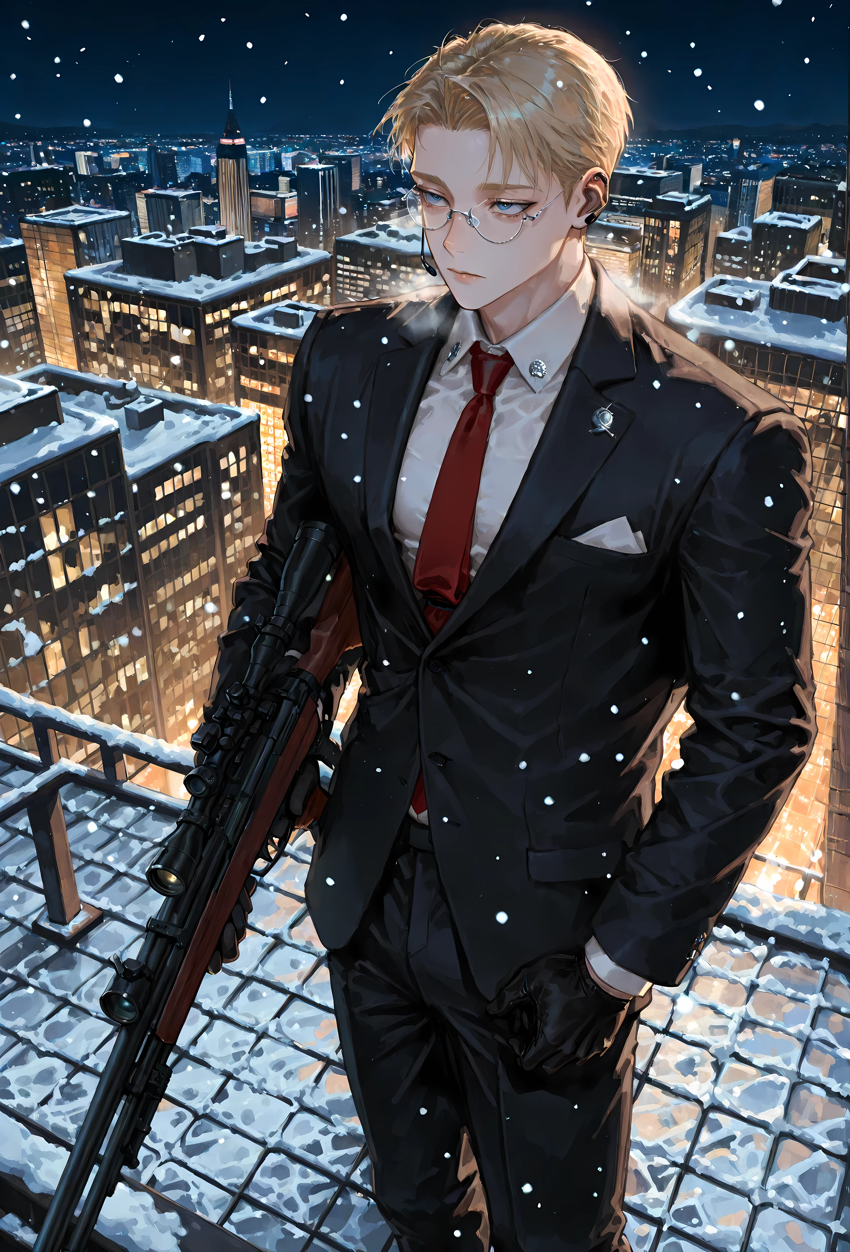 8k, beautiful masterpiece, looking ahead, alone, pale skin, Perfect Eyes shape, Athletic Build, ((He wears: black suit; white shirt; dark red tie with silver pin; black earpiece; black gloves; 1 silver pince-nez glasses)), (((background is city at at night during winter, is emotionless and somber while standing on a roof and holding 1 sniper rifle))), mature man, muscular, 1 man, male-centered, handsome man, handsome, short hair, blonde hair, Thick painted, blue eyes, Perfect Eyes, masterpiece, top quality, amazing quality, exquisite details, very detailed, semi-realism art , semi-realism art style