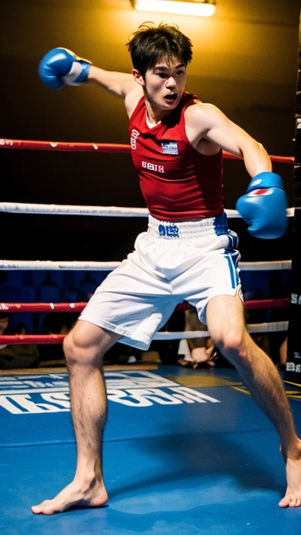18 year old white boy with little red speedo boxing, on the ground defeated and pain