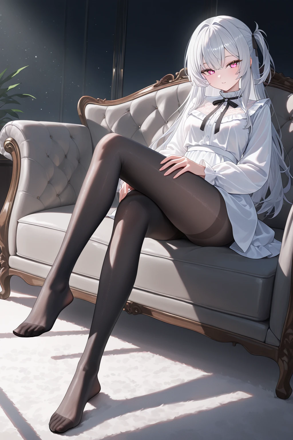 highest grade、masterpiece、HDTV、(full bodyesbian)、frontage、bilaterally symmetrical、Mature tall high school girl、独奏、(頭からつま先までのfull bodyesbian姿)、small tits、Longhaire、slightly disheveled hair 、(Black tights)、(black pantyhose)、Black pantyhose、Composition showing white panties、Slender and long beautiful legs、Composition from above the white bed、Composition of sleeping with legs stretched out、A very beautiful and tall 17 year old girl、(feet without shoes)、blushing、shy big eyes、 (bangss)、Unkempt hair、(hair clips)、Looking at the camera、Show white pants、White ruffled lingerie、High School Uniform Blazer、high school uniform white blouse、Blue ribbon on high school uniform、 High school uniform with short plaid pattern and navy pleated skirt