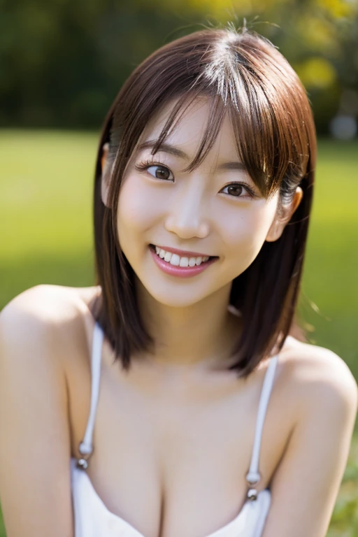 (masterpiece, Highest quality, RAW Photos, ), Movie Scenes, Midday Forest, (Natural light), beautiful girl in summer dress, (White Dress), Natural light, beautiful girl, (Beautiful Eyes, Thin eyebrows, Rouge), (Fair skin, light makeup), (18-year-old), With bangs, Brown Hair, (Hair swaying in the wind), light makeup, Cute Face, Innocent, Natural pose, Mouth open、Close ~ eyes、ecstasy, orgasm